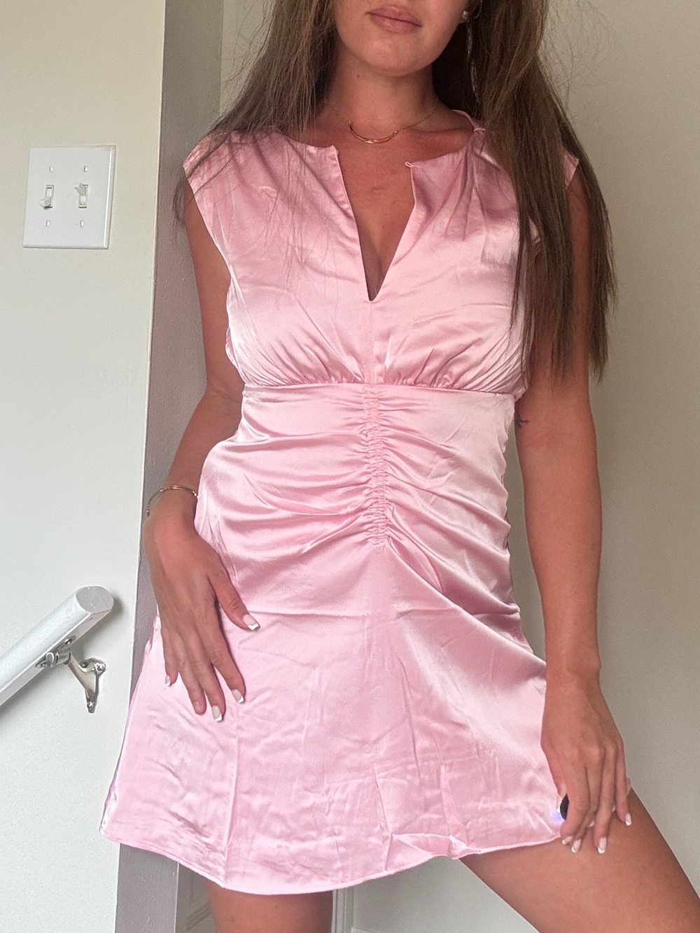 H&M Light Pink Satin Ruched Mini Dress